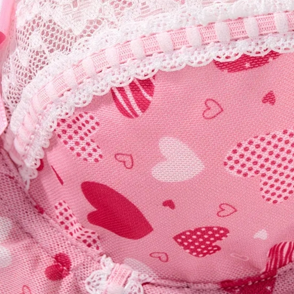 2pc Semi-Sheer Mesh Multi Pink Heart Patterned Chemise-G-string Lingerie Set (M) - Picture 8 of 10